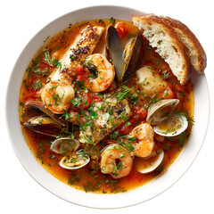 A bowl of seafood stew with fish shrimp clams and fresh herbs png