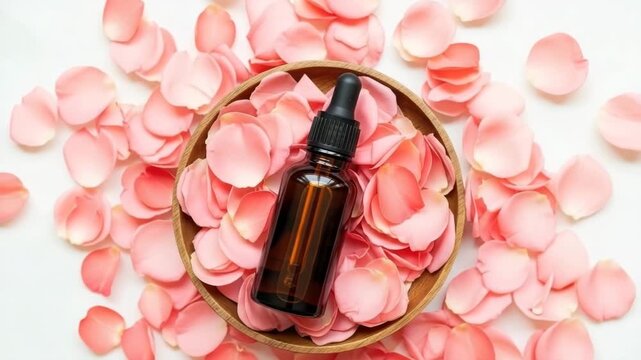 Essential oil bottle surrounded by pink rose petals in wooden bowl on white background, promoting natural beauty and wellness products ai generated vedio