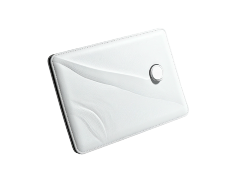 Angled, white, rounded rectangle, slight raised design, circular button, black backdrop