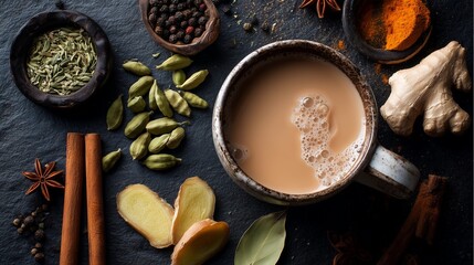 Flat lay of masala chai with cardamom pods and spices