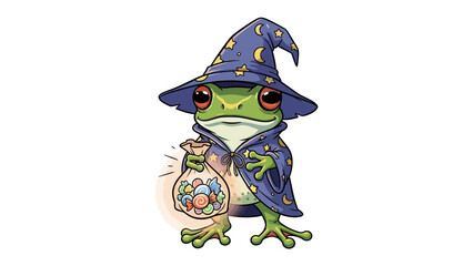 Wizard Frog with Candy Bag: A charming and whimsical illustration features a wizard frog holding a candy bag, exuding magic and delight.