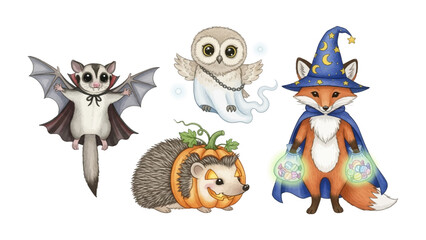Magical Creature Collection: Whimsical illustrations of a playful vampire sugar glider, a cute ghost owl, a spell-casting fox, and a pumpkin hedgehog ready for the holiday