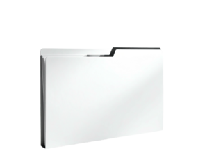 A digital rendering of a white, open file folder with a black tab and documents