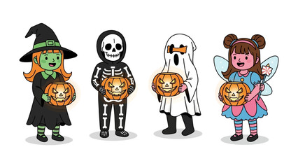 Spirited Halloween Gathering: A gathering of children joyfully embrace Halloween, donning a vibrant assortment of costumes. A witch, skeleton, ghost.