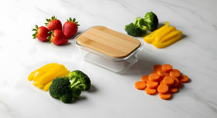 Vibrant fresh fruits and vegetables with a stylish glass food container for healthy meal prep.