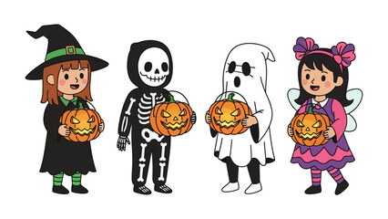 Children's Halloween Joy: Four children, each adorned in vibrant costumes, gleefully hold carved pumpkins, embodying the festive spirit of Halloween with a whimsical touch.