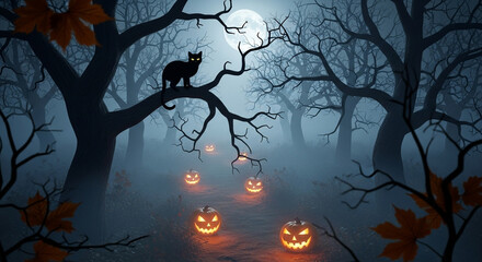 Creepy Halloween Forest with Full Moon, Black Cat, and Glowing Pumpkins
