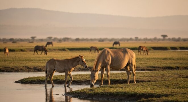 Wild horses and foal by a shallow river at dawn - Powered by Adobe
