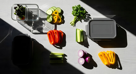 Vibrant fresh vegetables meticulously prepped for delicious, healthy lunchboxes, promoting nutritious eating.