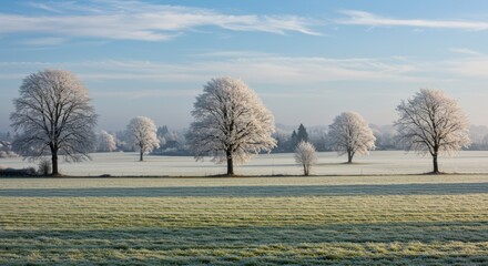 Frosty trees on a grassy field under a blue sky scenic landscape nature photography