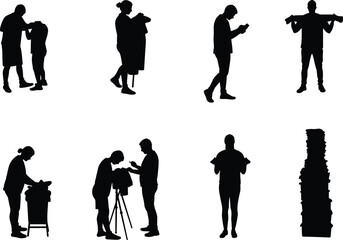 Silhouette people with clothing, retail fashion tasks, garment inspection, shopping activity,