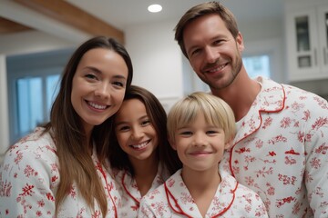 Obraz premium Smiling family in matching pajamas at home with happy expressions