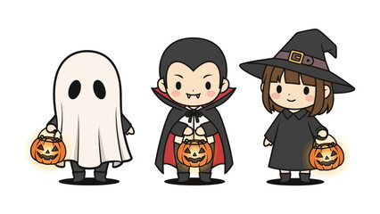 Halloween Trio: a friendly ghost, a charming vampire, and a sweet witch, each with a pumpkin lantern. An illustration perfect for Halloween greetings!