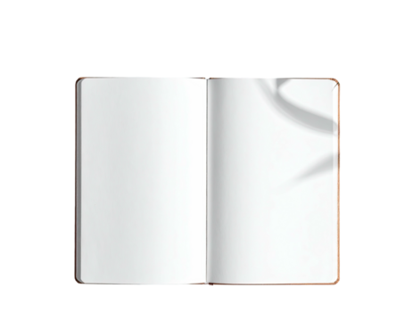 Open notebook with blank pages, a shadow cast over the right