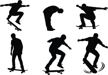 Silhouette skateboarders performing tricks, skateboarding poses, aerial jump, flip spin,
