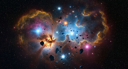 Ethereal Nebula Cluster with Glowing Stars and Gas Filaments