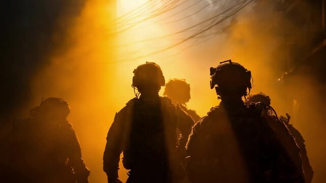 Firefighters in full gear and helmets walk through thick smoke, backlit by orange firelight.