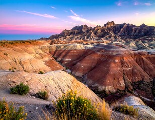Colorful badlands landscape at dawn