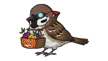 Halloween Sparrow Illustration: A whimsically illustrated sparrow, adorned in Halloween attire, carries a festive basket filled with pumpkins.