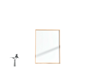 Square white surface with wood frame next to sprinkler, all against black backdrop