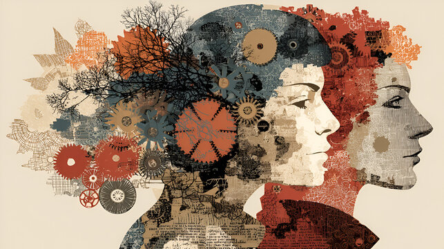 Silhouettes of Minds in Artistic Representation, Human Thoughts and Gears, Creative Minds Art
