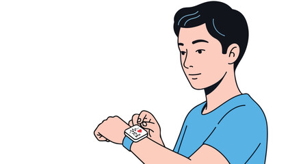 An illustration of a young man checking his smartwatch for health updates and vital signs insights which could be used for promotion of health and