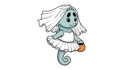 Seahorse Bride with Pumpkin: A whimsical seahorse adorned in a wedding gown, gracefully carries a petite pumpkin, offering a unique blend of marine charm and festive delight.