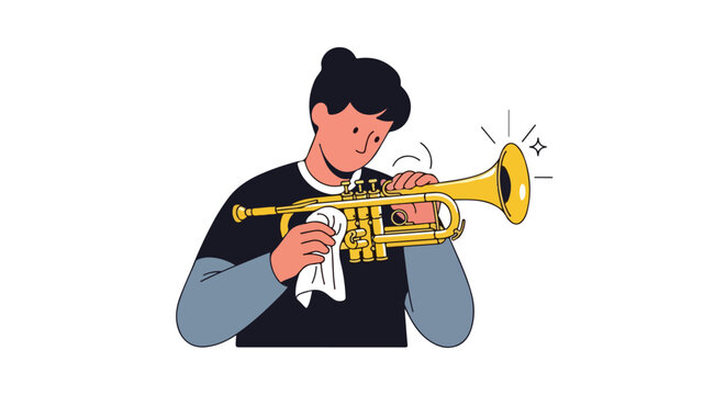 Musician meticulously polishing a gleaming trumpet, reflecting dedication and care, symbolizing practice and passion for music and instruments