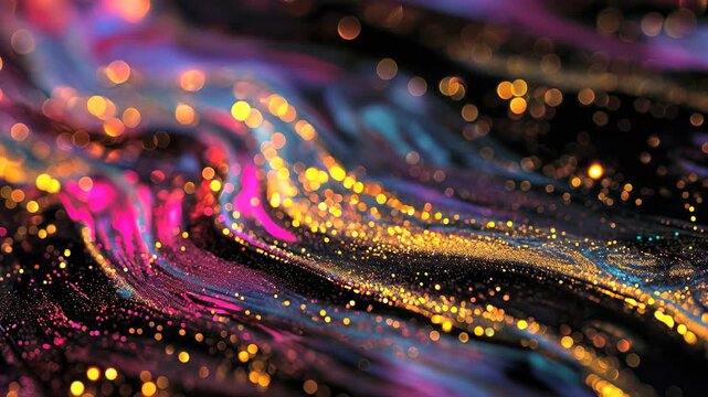 Rivers of magenta and gold glitter flow diagonally with creamy gradients and tiny sparks, painterly abstract motion that feels luxurious and artistic; perfect background for fashion titles