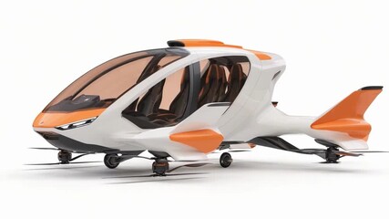 A futuristic white and orange flying car concept with a bubble cockpit and landing gear. - Powered by Adobe