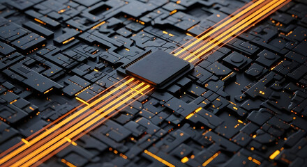 Modern CPU chip with glowing pathways conveys advanced technology and futuristic innovation, powering digital advancements