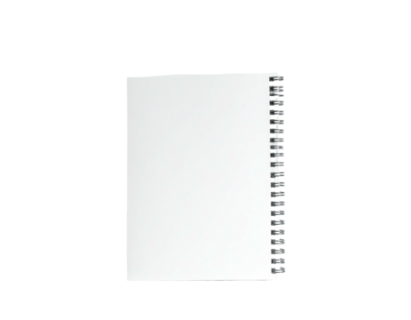 A spiral-bound, blank white notepad rests against a dark background