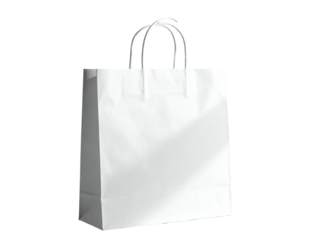 A plain white paper shopping bag with handles against a black background