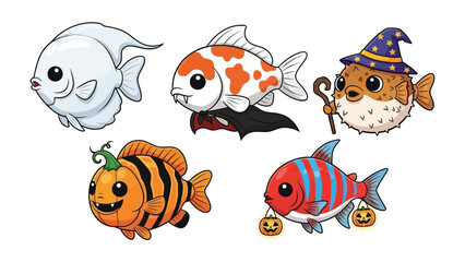 Obraz premium Underwater Halloween: A collection of creatively illustrated fish in vibrant costumes, perfect for celebrating the spooky season.