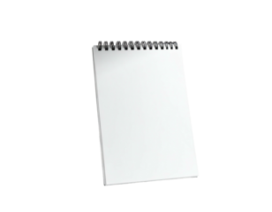 A vertical notepad with blank white pages and a spiral binding, on black background