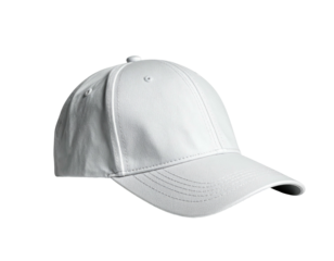 A plain white baseball cap isolated on a dark background, slightly angled