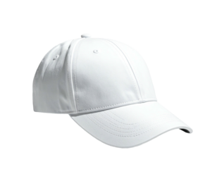 A pristine white baseball cap, displayed against a black background