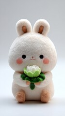 Adorable plush bunny holding green lotus flower on soft background