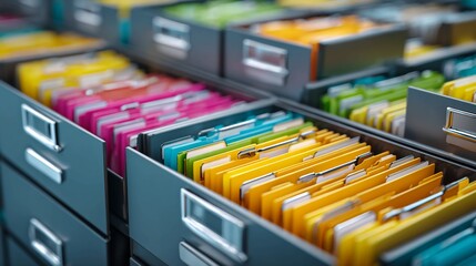 Vibrant, organized filing cabinet bursting with colorful folders, perfect for efficient document management and modern office aesthetics, showcasing meticulous data storage solutions.