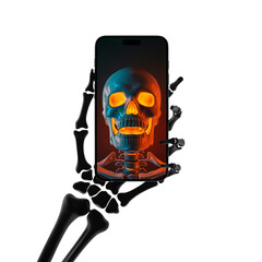 Spooky skeleton holding phone with glowing skull for Halloween ads now