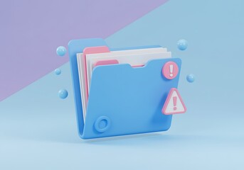 Blue folder with documents and warning signs signifying important data alert information and file management in a digital system setting