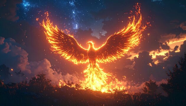 Majestic Digital Painting Fiery Phoenix with Spread Wings on Dramatic Landscape