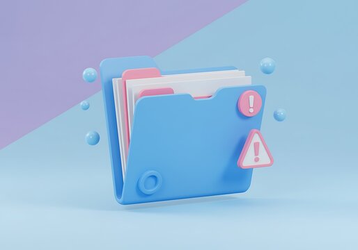 Blue folder with documents and warning signs signifying important data alert information and file management in a digital system setting