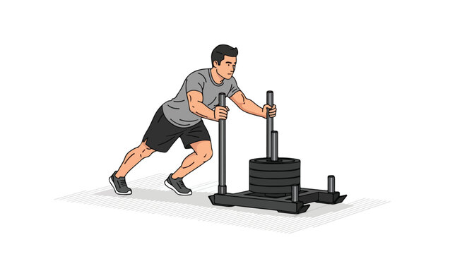 Intense sled push exercise illustrates dedicated fitness training and strength exertion for full body conditioning and athletic performance