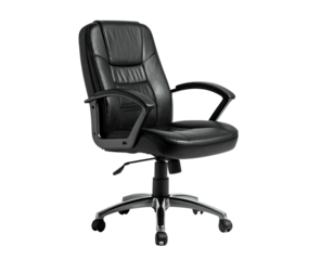 Black leather office chair with armrests, chrome base, and height adjustment lever