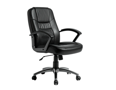Black leather office chair with armrests, chrome base, and height adjustment lever