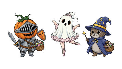 Halloween Characters: An illustration depicts charming Halloween characters including a pumpkin knight, a spectral ballerina, and a wizardly animal.