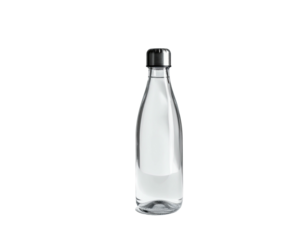 Isolated glass bottle filled with clear liquid, a dark metal cap