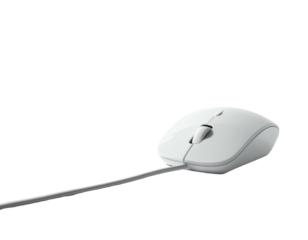 White computer mouse with cord on black background, angled slightly upward