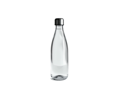 Isolated glass bottle filled with clear liquid, a dark metal cap